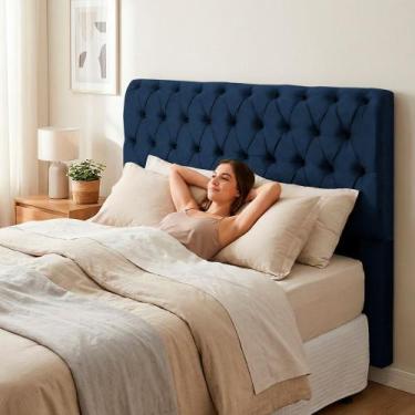 Imagem de Cabeceira Cama Box King Size Sarah 195cm com Frame Suede Azul Marinho 