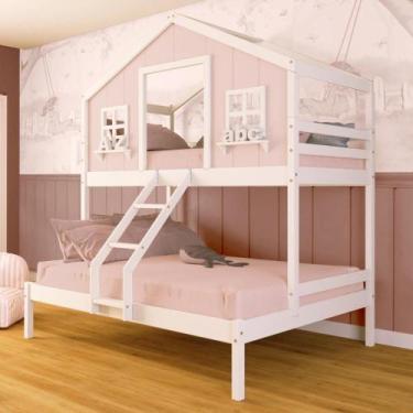 Imagem de Beliche Casal/ Solteiro Casinha Dos Sonhos Madeira Maciça Rosa/ Branco