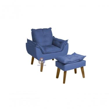 Imagem de Poltrona E Puff Opala Apoio Para os Pés Suede Veludo Fibra Siliconada Azul SMF Decor