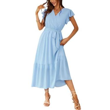 Imagem de Vestido PRETTYGARDEN Envelope Decote V Floral Boho Maxi Azul XXL