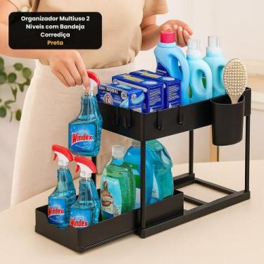Imagem de Organizador Multiuso 2 Níveis Preto com Bandeja Corrediça para Cozinha