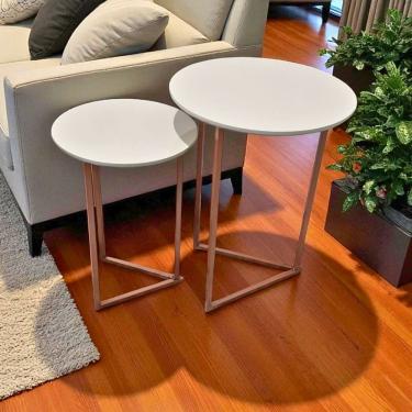 Imagem de Kit 2 Mesas Laterais Jade Orgânicas Tampo MDF Base Metal 45CM 35CM Rose Gold-Off White