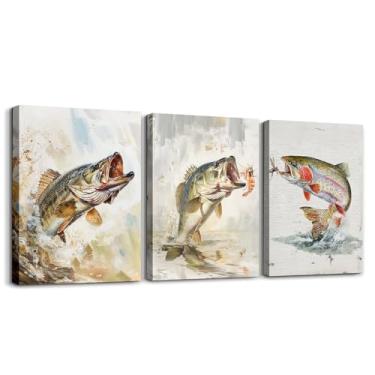 Imagem de Feelyou Arte de parede em tela infantil Bass Fish para sala de estar, quarto, caça e pesca, decoração de parede para banheiro, campo, pousada, meninos, meninas, pôsteres pintura 30,5 x 40,6 x 3 peças