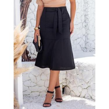 Imagem de Saia Midi De Linho Com Bolsos Acompanha Cinto - Lumia, Preto, P