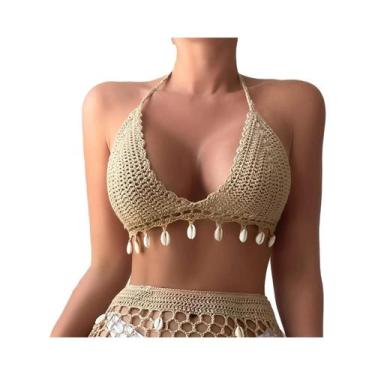 Imagem de Biquíni Feminino De Crochê Artesanal Com Borlas E Detalhes Vazados, Co