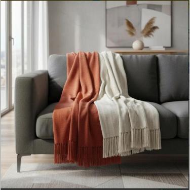 Imagem de Kit 2 Manta Para Sofá Terracota E Cru Luxo Premium 1,20m X 1,80m Tear 