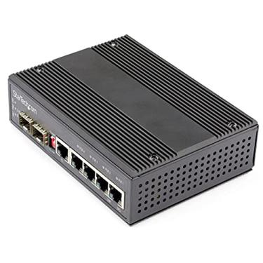 Imagem de StarTech. comutador industrial Gigabit Ethernet de 6 portas – 4 PoE RJ45 + 2 compartimentos SFP 30W PoE + 12-48VDC 10/100/1000 Interruptor LAN de alimentação robusta -40C a 75C – Montável em DIN (IES1G52UP12V)