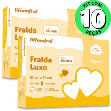 Imagem de Kit 10 Fraldas de Pano Tecido Duplo 100% Algodão Com Bainha 67x70cm Incomfral 