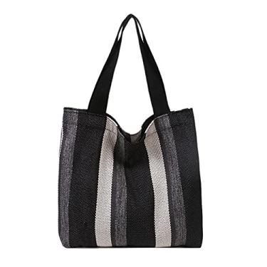 Imagem de Bolsa feminina de lona sacola bolsa grande capacidade reutilizável compras bolsa casual listrada lona, Preto