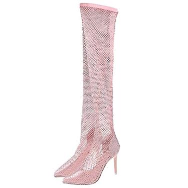 Imagem de Sandálias femininas femininas recortadas acima do joelho salto alto sexy bico fino malha stiletto salto alto botas longas diamante, Diamantes rosa, 39 BR