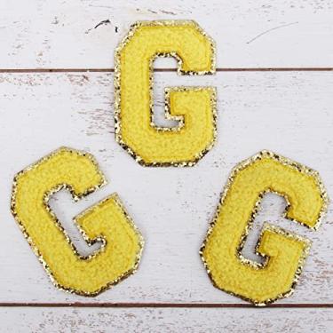 Imagem de Pacote com 3 adesivos de Chenille Iron On Glitter Varsity Letter 8 cm de altura "G" - Tecido de chenille amarelo com acabamento em glitter dourado - Costurar ou passar a ferro - 8 cm YEL G