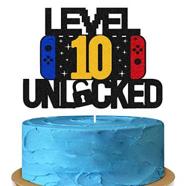 Imagem de Topo de bolo Level 10th desbloqueado Happy 10th Birthday Level Up Décimo bolo decorações para controle de videogame temático infantil menino menina Bday Party Supplies frente e verso