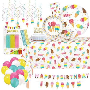 Imagem de Serve 30 | Artigos completos para festa de sorvete | Inclui pratos, guardanapos, capas de mesa, balões, espirais, banner de feliz aniversário, topo de bolo, velas, canudos | Ideal para sorvete e festa temática de picolé
