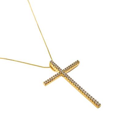 Imagem de Cruz Crucifixo Corrente Feminino Colar Feminino Cordão Gargantilha Cravejada Com Zircônia Banhada Ouro 18k