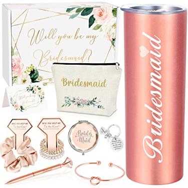 Imagem de Homabachyco Presente de pedido de dama de honra, Will You Be My Bridesmaid Box, copo de vinho de casamento de noivado, presente de despedida de solteira para damas de honra, conjunto de presente de