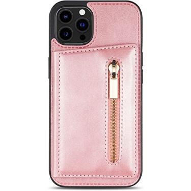 Imagem de CYSUE Capa para iPhone 14/14 Plus/14 Pro/14 Pro Max com suporte de cartão, carteira de bolso com zíper de couro premium flip capa traseira fina fecho magnético capa de suporte à prova de choque (cor: rosa, tamanho: 14)