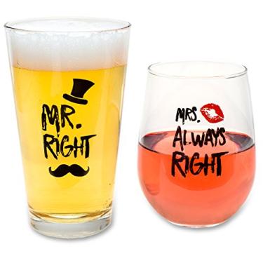Imagem de Engraçado Mr. Right and Mrs. Always Right Novelty Wine Glass and Beer Glass | Inclui caixa de presente divertida e elegante | Para casamentos, noivados, recém-casados, despedida de solteira, aniversário, presentes para casais