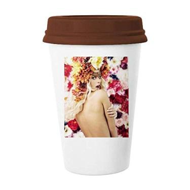 Imagem de Caneca de cerâmica com flores nuas decorada Enthusiastic Lady Caneca de café Copo de cerâmica