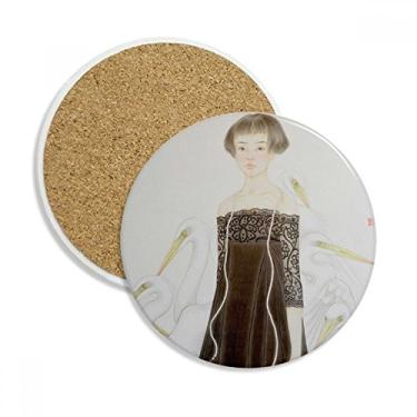 Imagem de Beauty Egrets Caneca de porta-copos de aquarela estilo chinês Pedra absorvente de proteção de mesa