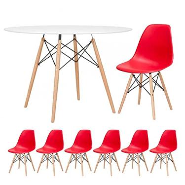 Imagem de Loft7, Kit - Mesa redonda Eames 120 cm branco + 6 cadeiras Eiffel Dsw Vermelho