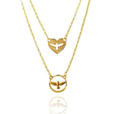 Imagem de Colar Cordão Correntinha Gargantilha Feminina Corrente Dupla e Pingente Divino Espírito Santo Banhado a Ouro 18k