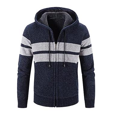Imagem de Moletom leve masculino suéter de inverno masculino jaqueta manga longa plus veludo grosso com capuz suéter listrado moda, Azul-marinho, M