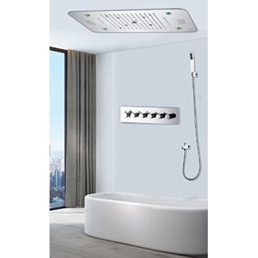 Imagem de Sistema de chuveiro Cascada Luxury 38 cm x 58 cm retangular música LED com alto-falantes Bluetooth integrados, 5 funções (cachoeira, cachoeira, neblina, coluna e chuveiro) e aplicativo de controle remoto (aço inoxidável polido)