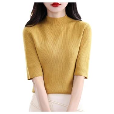 Imagem de Suéter feminino de lã de verão pulôver gola meia manga suéter slim casual tricotado tops, Amarelo mostarda, XX-Large