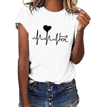 Imagem de Camiseta de batimento cardíaco para mulheres, camisetas com estampa floral, camisetas engraçadas, manga curta, casual, verão, camiseta fofa com estampa de animal, E#_branco, XXG