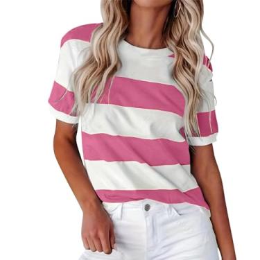 Imagem de Camiseta feminina de manga curta listrada grande gola redonda camiseta casual verão camiseta túnica listrada rosa e verde, 031 Vermelho, GG