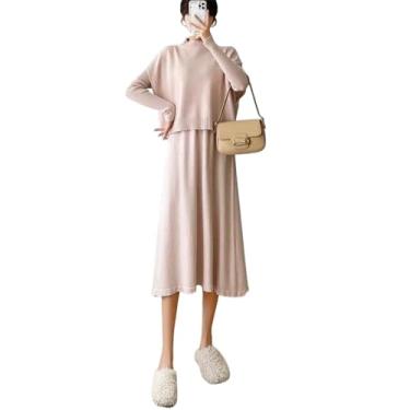 Imagem de JYHBHMZG Vestidos femininos outono Winte vestido tricotado vestido longo colete roupas femininas manga longa, Cor creme, PP