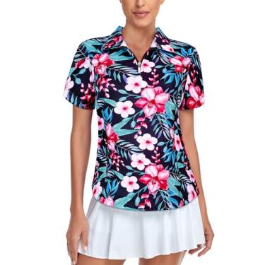 Imagem de Tanst Sky Camisetas femininas de golfe com zíper sobreposto manga curta para treino camiseta de tênis de secagem rápida, Floral vermelho, G