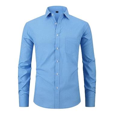 Imagem de Camisa social masculina de manga comprida slim fit abotoada xadrez bolso camisetas macias e confortáveis, Azul claro, XXG
