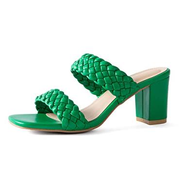 Imagem de Sandálias femininas de salto bloco de tecido bico quadrado de couro confortável sandálias casuais, B tecido verde, 6