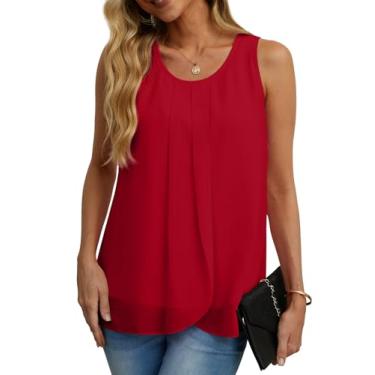 Imagem de IWOLLENCE Blusa feminina de verão, sem mangas, de chiffon, com duas camadas, solta, gola redonda, camisas casuais, 19 Vermelho, G