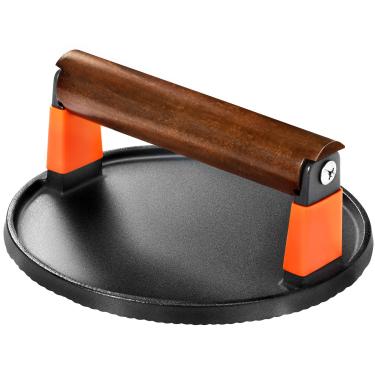 Imagem de GGC Prensa de hambúrguer Smash, prensa de bacon de ferro fundido para hambúrguer, bife, bacon, sanduíches, prensa de carne redonda de 18 cm com cabo de madeira para grelhar e cozinhar na grelha (10