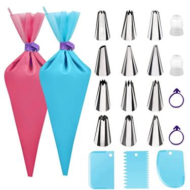 Imagem de TEQIFU Conjunto de sacos e pontas para confeitar – kit de decoração de bolos – pacote com 2 sacos de confeiteiro reutilizáveis de grau alimentício, 12 pontas de cobertura para assar, decorar bolos,