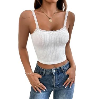 Imagem de Hilinker Camiseta feminina de renda com alças finas, laço frontal, gola redonda, sem mangas, Branco, G