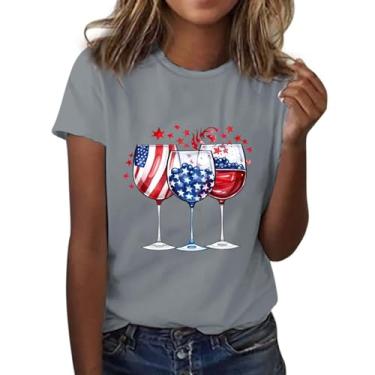 Imagem de Camiseta feminina de 4 de julho com bandeira dos EUA, taças de vinho, estampadas, gola redonda, manga curta, roupas de verão, Cinza, XXG