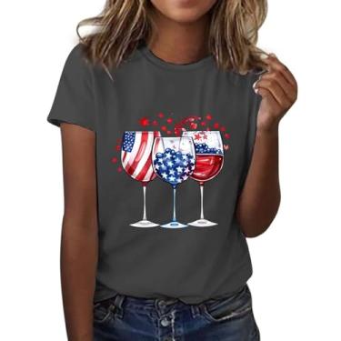 Imagem de Camiseta feminina de 4 de julho com bandeira dos EUA, taças de vinho, estampadas, gola redonda, manga curta, roupas de verão, Cinza escuro, XXG