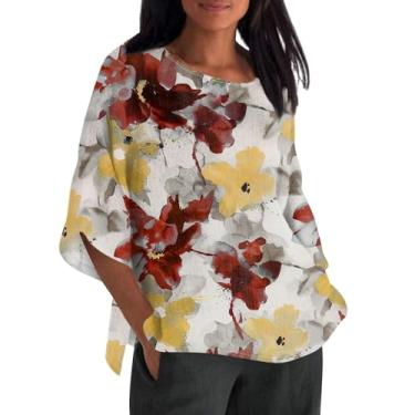 Imagem de Camisa de linho feminina manga 3/4 gola redonda blusas grandes elegantes camiseta gráfica moderna túnica roupas de verão, Amarelo, GG
