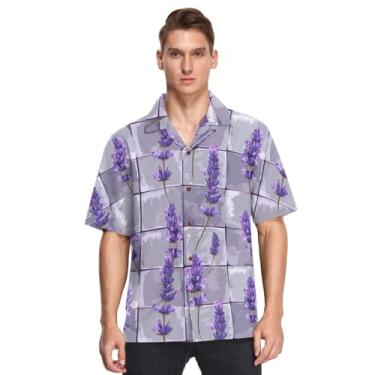 Imagem de Camisa havaiana masculina fashion acampamento praia tops colarinho botão camisa casual manga curta solta camisa, Flores de lavanda violeta, 3G