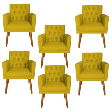 Imagem de Kit 6 Poltronas Capitone Decorativa para Sala de Estar Recepção Sala de Espera estofada pés palito madeira MOBLAN Decor (Amarelo)