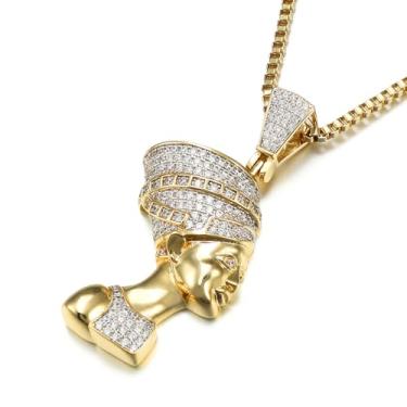 Imagem de Eulinviak Colar feminino com pingente de faraó egípcio Nefertiti banhado a ouro 18K com joias de zircônia, Latão, Zircônia cúbica