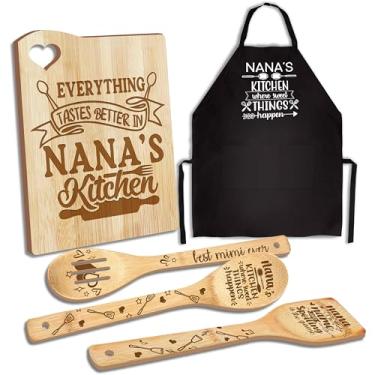 Imagem de Presentes de Nana, presentes de cozinha de Natal para avó dos netos, presente de aniversário, tábua de corte de madeira com conjunto de utensílios de cozinha com conjunto de avental, ótimo presente para avó Nana Natal Papai Noel