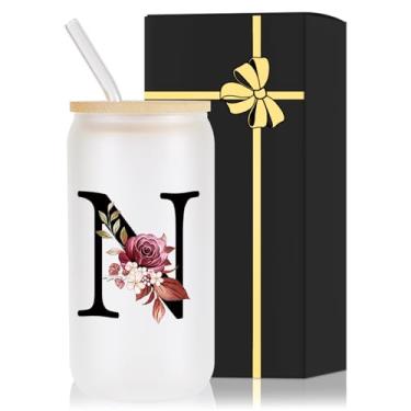 Imagem de Copo de vidro monograma com tampa canudo mulheres esposa presentes aniversário dela 1 2 3 5 6 7 8 10 14 20 25 40 50 anos algodão cobre marfim bronze couro ferro papel primeiro 5º 6º 10º 25º 40º 50º