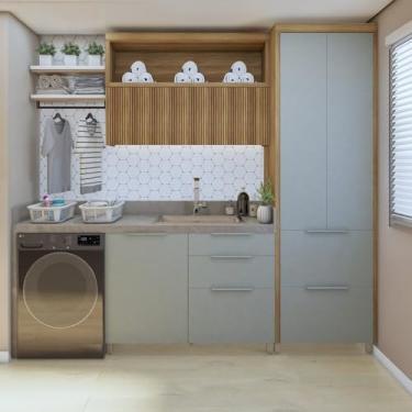 Imagem de Lavanderia Modulada com Armário Aéreo,1 Balcão e 1 Armário Multiuso 100% Mdf Marquesa Nature/Verde