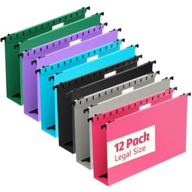 Imagem de Shutex Pastas de arquivo de plástico com capacidade extra, pacote com 12 pastas suspensas de tamanho legal reforçadas com expansão de 5 cm, para arquivos volumosos, tabelas médicas, cores sortidas