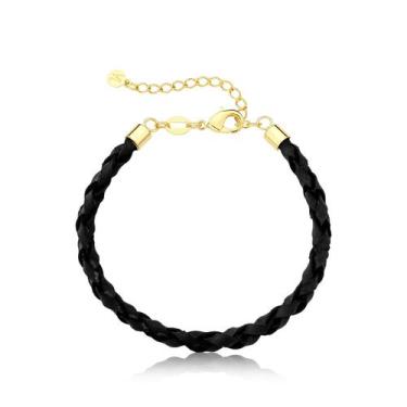 Imagem de Pulseira de Couro Preto Trançado com Ponteiras Douradas - VL ACCESSOIR