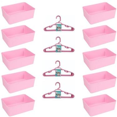Imagem de Kit 10 Cestos Multiuso Decorativo e 20 Cabides Infantis Rosa - 123 Org
